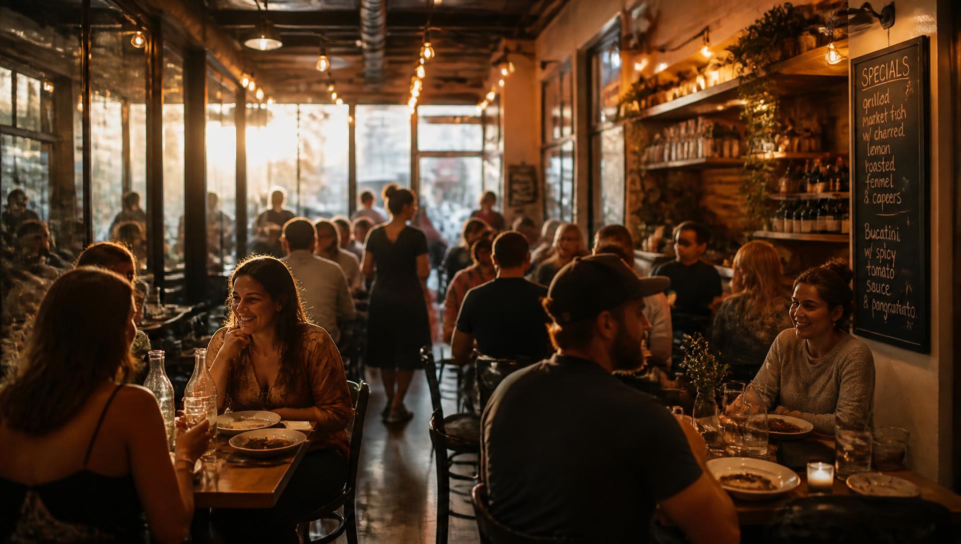 Gæster hygger sig på en lokal restaurant i aftensol